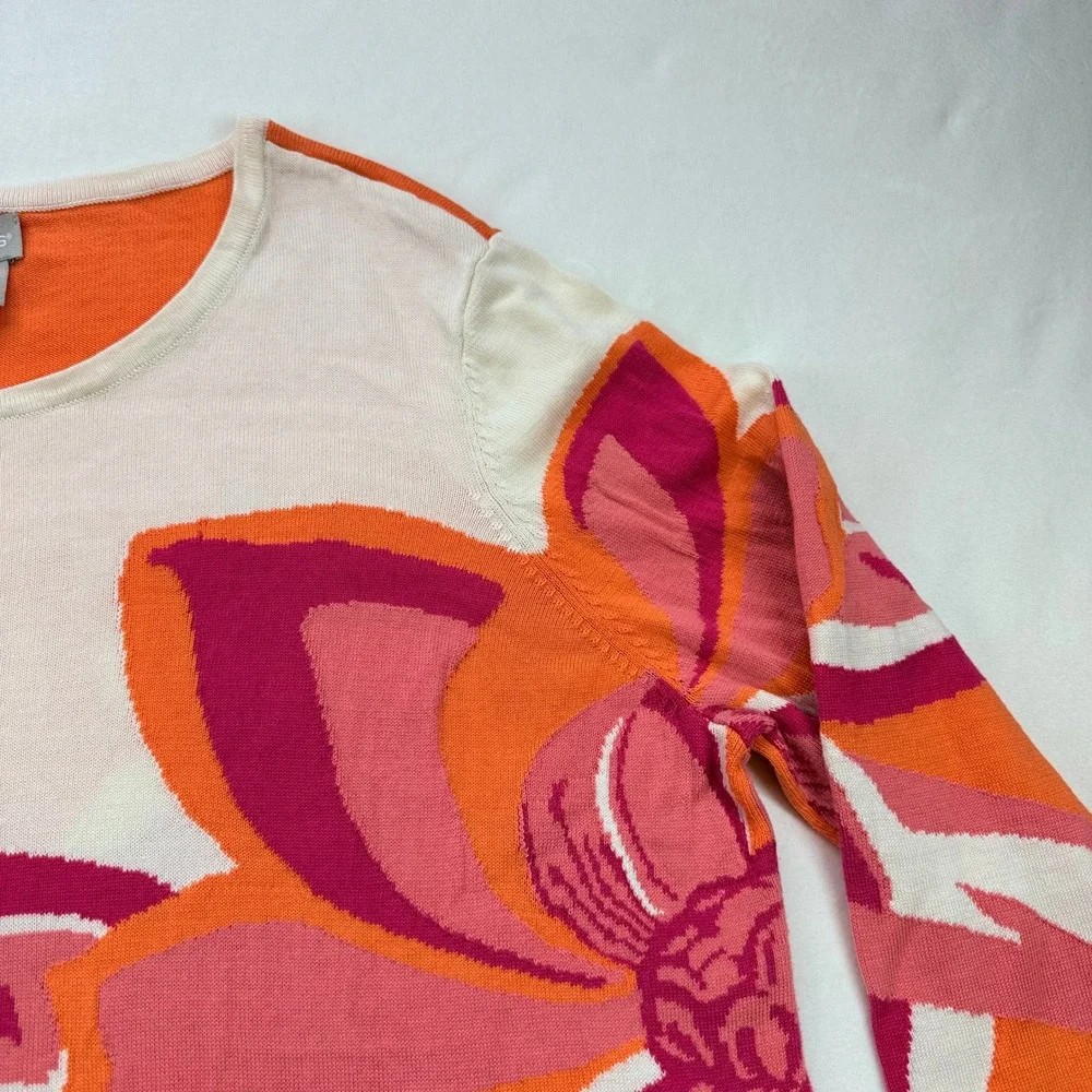Chicos Orange Pink Floral‎ Intarsia Cotton Lyocell Knit Sweater Top Size 2
